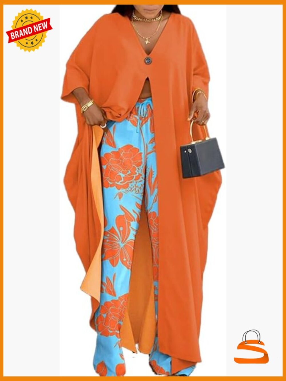 Floral 2 Piece Outfit: Cardigan & Wide Leg Pants Set Plus Size